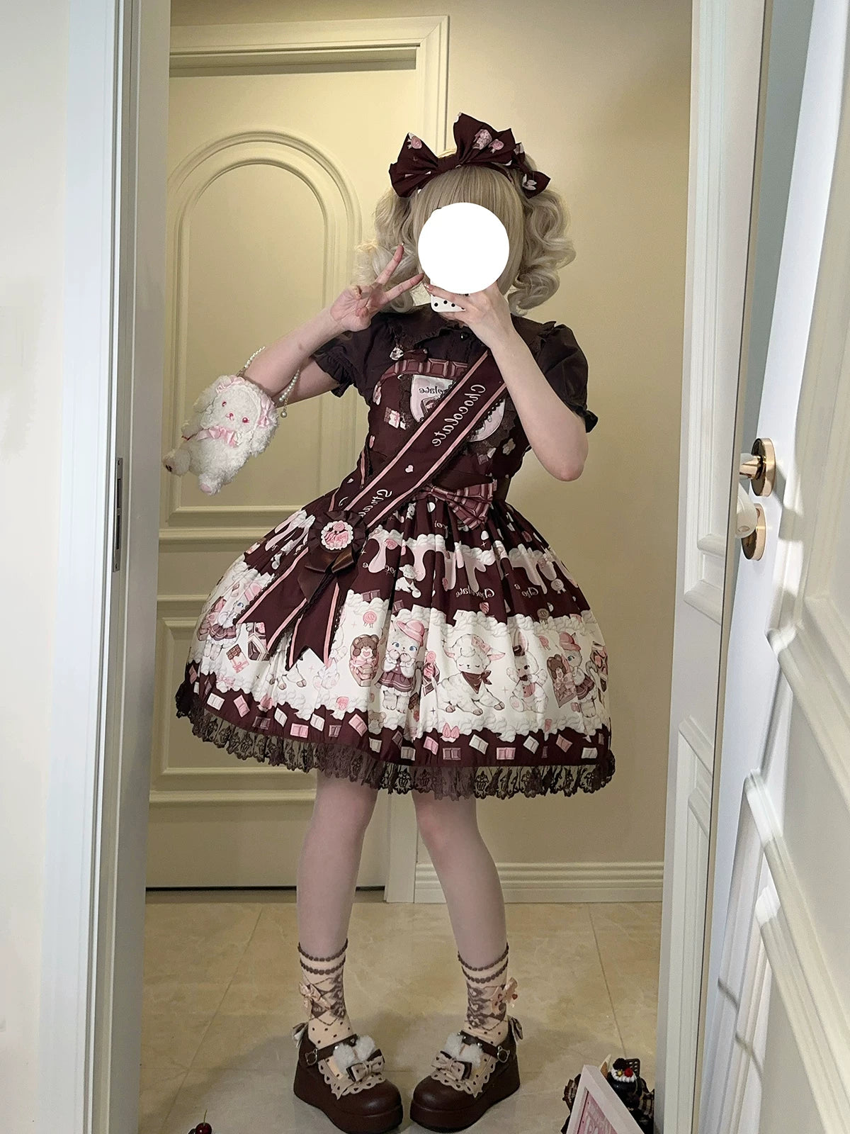 Heartbeat Meow Chocolate - Printed Pinafore JSK Dress - detail view 4
