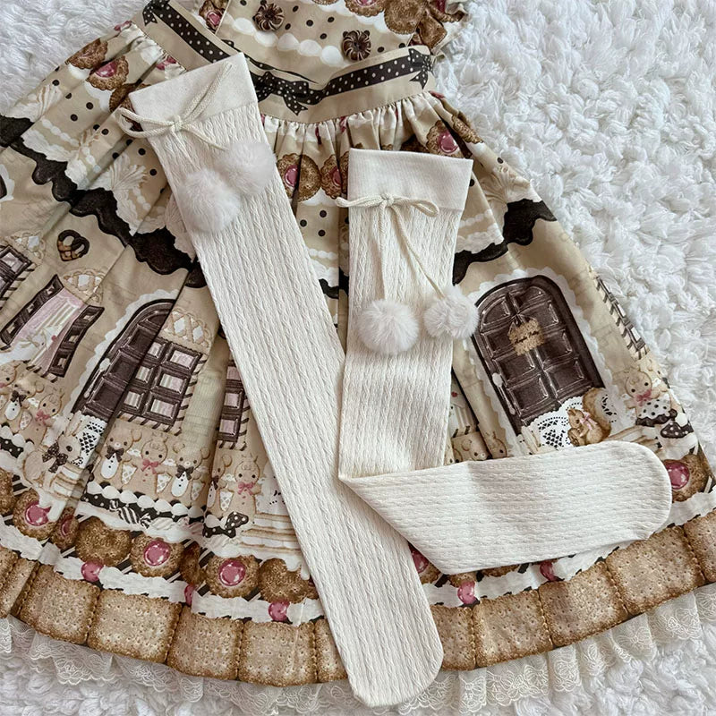 Milky white over-the-knee Sweet Lolita socks with pom-pom bow cuff