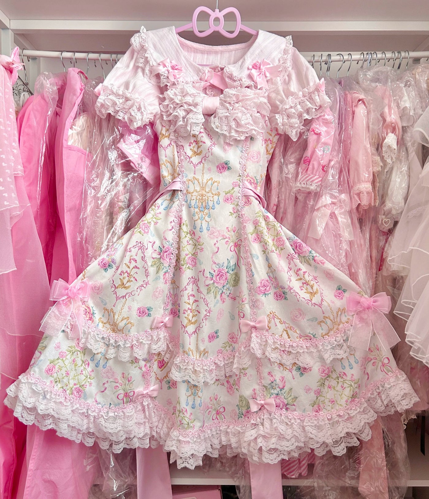 Tata Long Ear - Spring 2025 Floral Wall - Floral Print JSK Dress with Layered Lace Ruffles