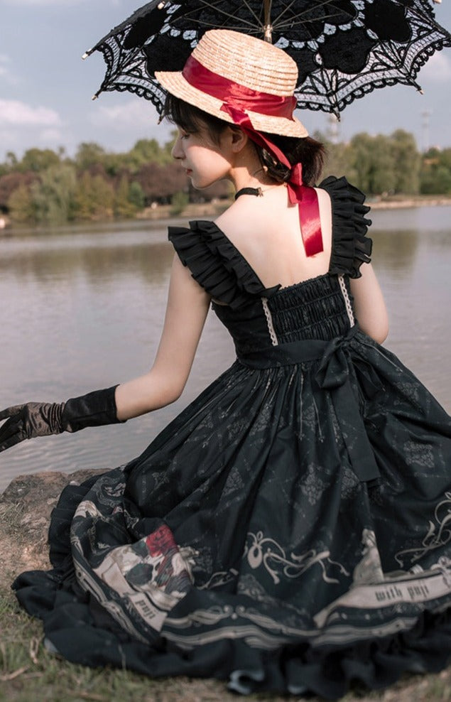 With PUJI - Nightingale and Rose - Classic Lolita Chiffon Dress, Rose & Birdcage Print