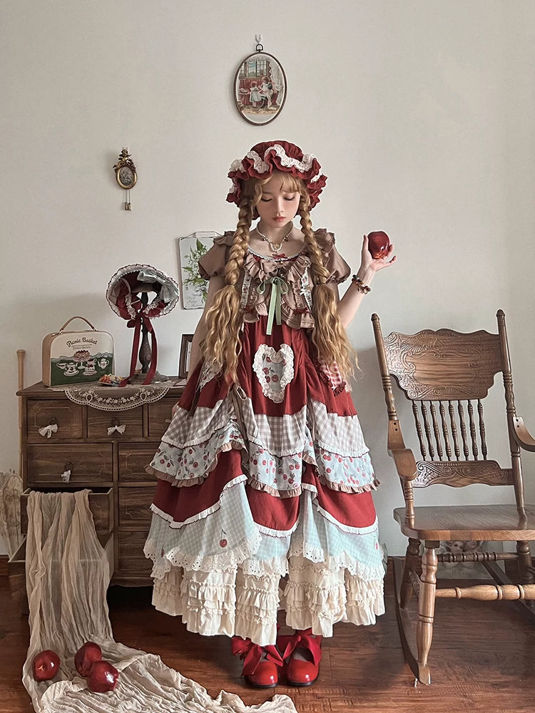 Baozi Pig - Cherry Pastoral - Red OP Dress with Cherry Print