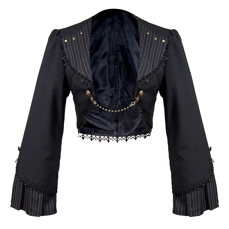 Black Gothic Lolita short jacket with striped panels, lace trim and chain detail