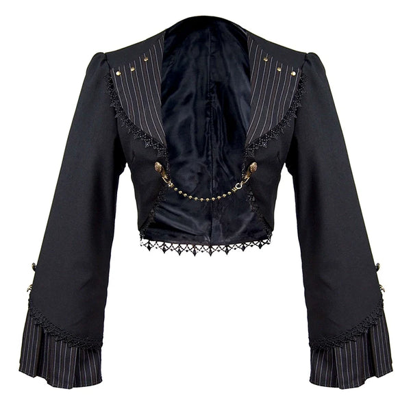 Black Gothic Lolita short jacket with striped panels, lace trim and chain detail