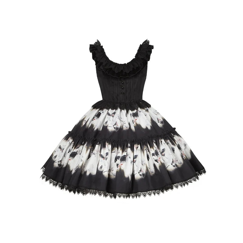 With PUJI - Dead Leaf Butterfly - Gothic Lolita JSK & OP Dress Set, Butterfly Print (L M S) 44346:805411