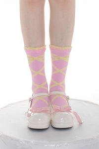 RojiRoji - Interwoven Straps - Mid-Calf Socks with an Interwoven Strap Motif - Yellow-pink / One Size