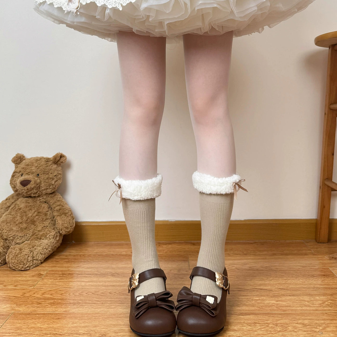 Chubby Bear Tales - Fleece Bow Layers - Fluffy Mid-Calf Socks with Ribbon Cuffs