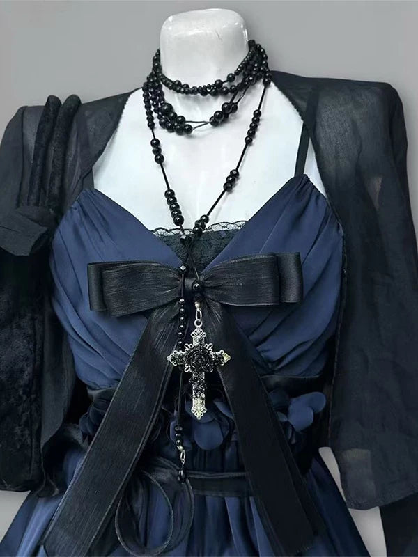 Creamy - Moonlight Lady - Navy Dress and Sheer Cardigan Two-Piece Set