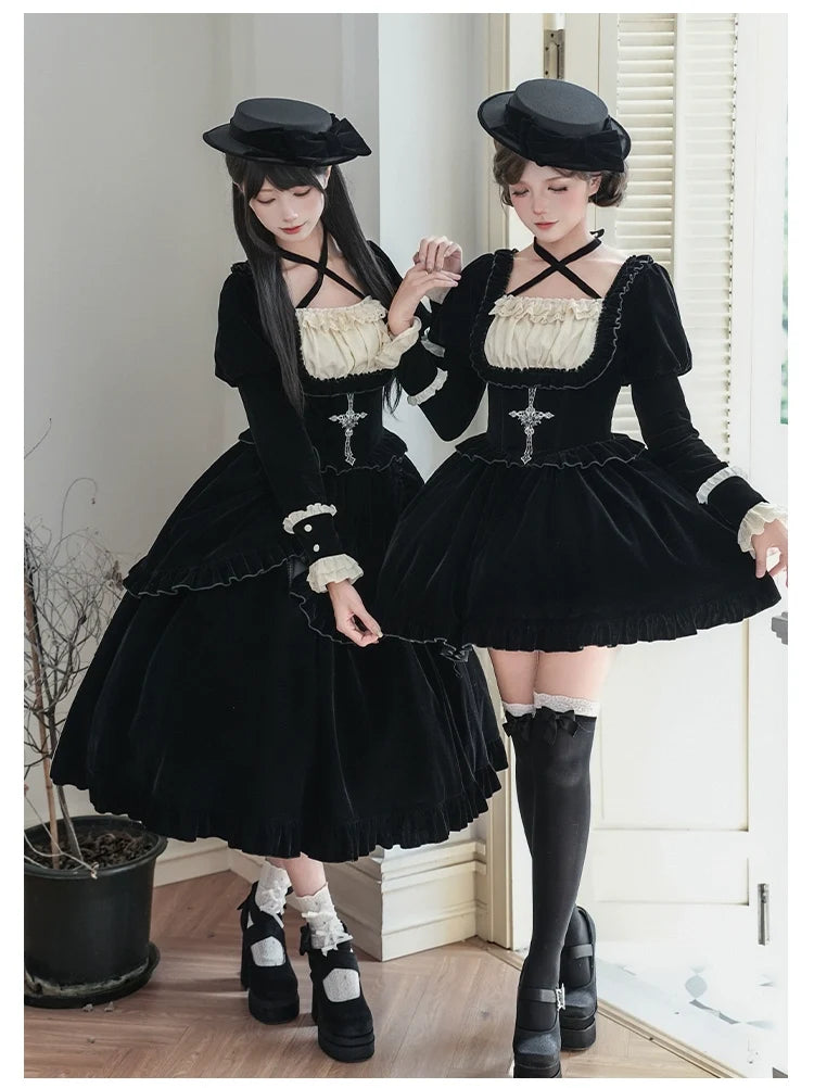 With PUJI - Apocalypse - Gothic Lolita Velvet OP Dress Set, Fishbone Waist