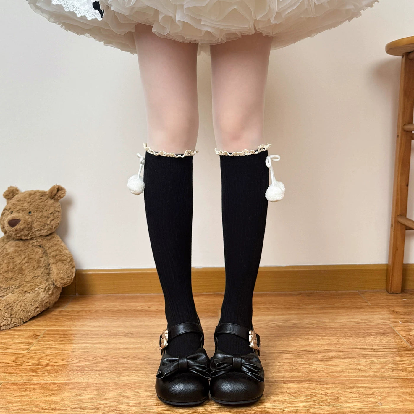 Chubby Bear Tales - Winter Pom-Pom Scrunch Socks - Mid-Calf Socks with Lace Cuffs