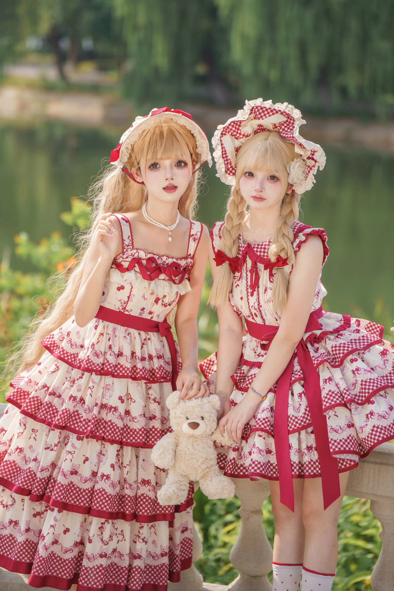 Sweet Vending - Cherries Are Ripe - Red Three-Tier JSK Dress with Cherry Motifs