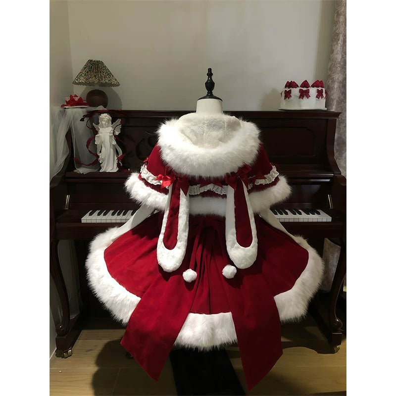 Creamy - Winter Christmas - Red Cape Dress Set with Plush Trim