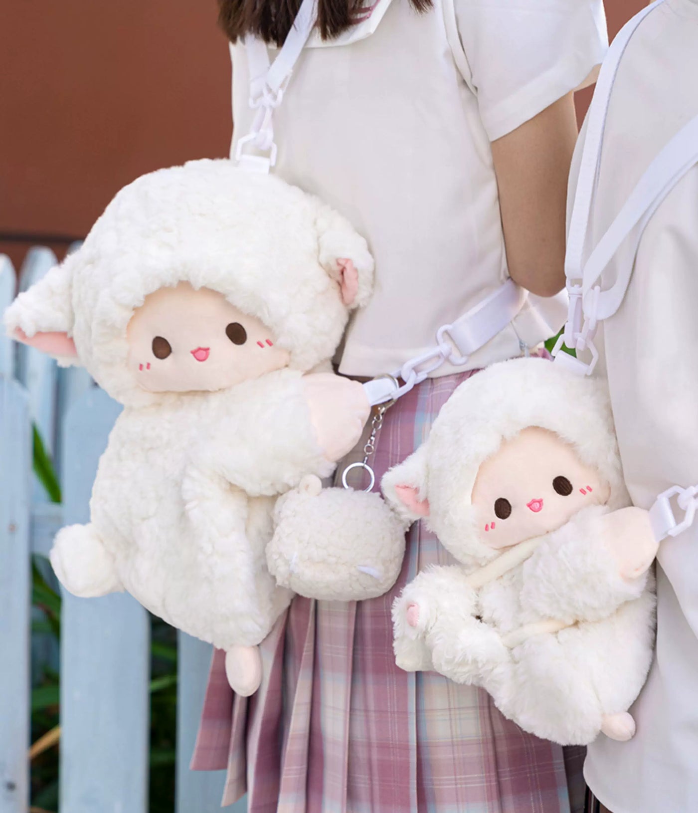 Plush sheep and rabbit bags shown in crossbody and backpack promotional styling