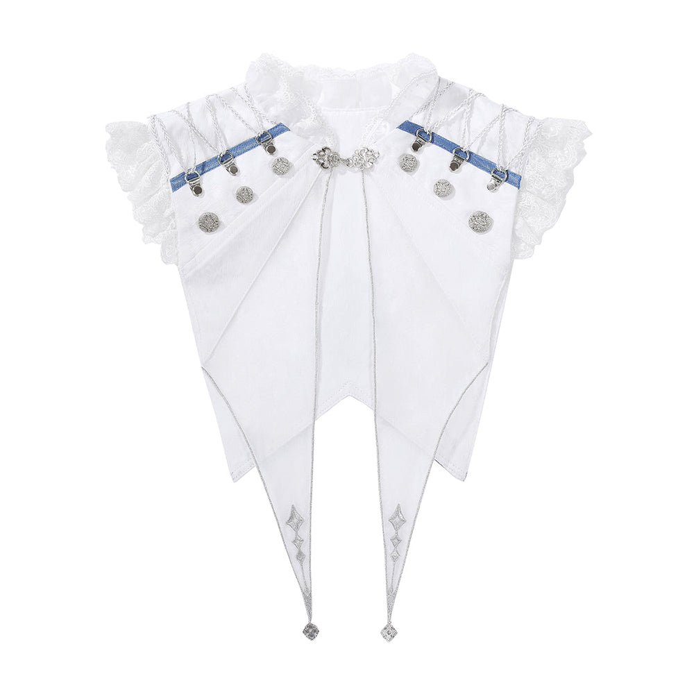 Blue and white Ouji halter top, trailing panels, cape and shorts with silver details