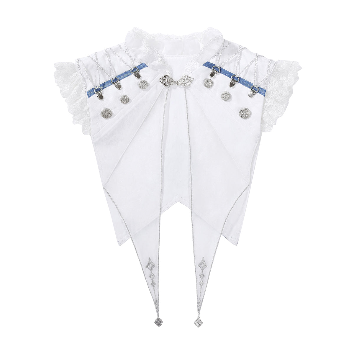 Blue and white Ouji halter top, trailing panels, cape and shorts with silver details