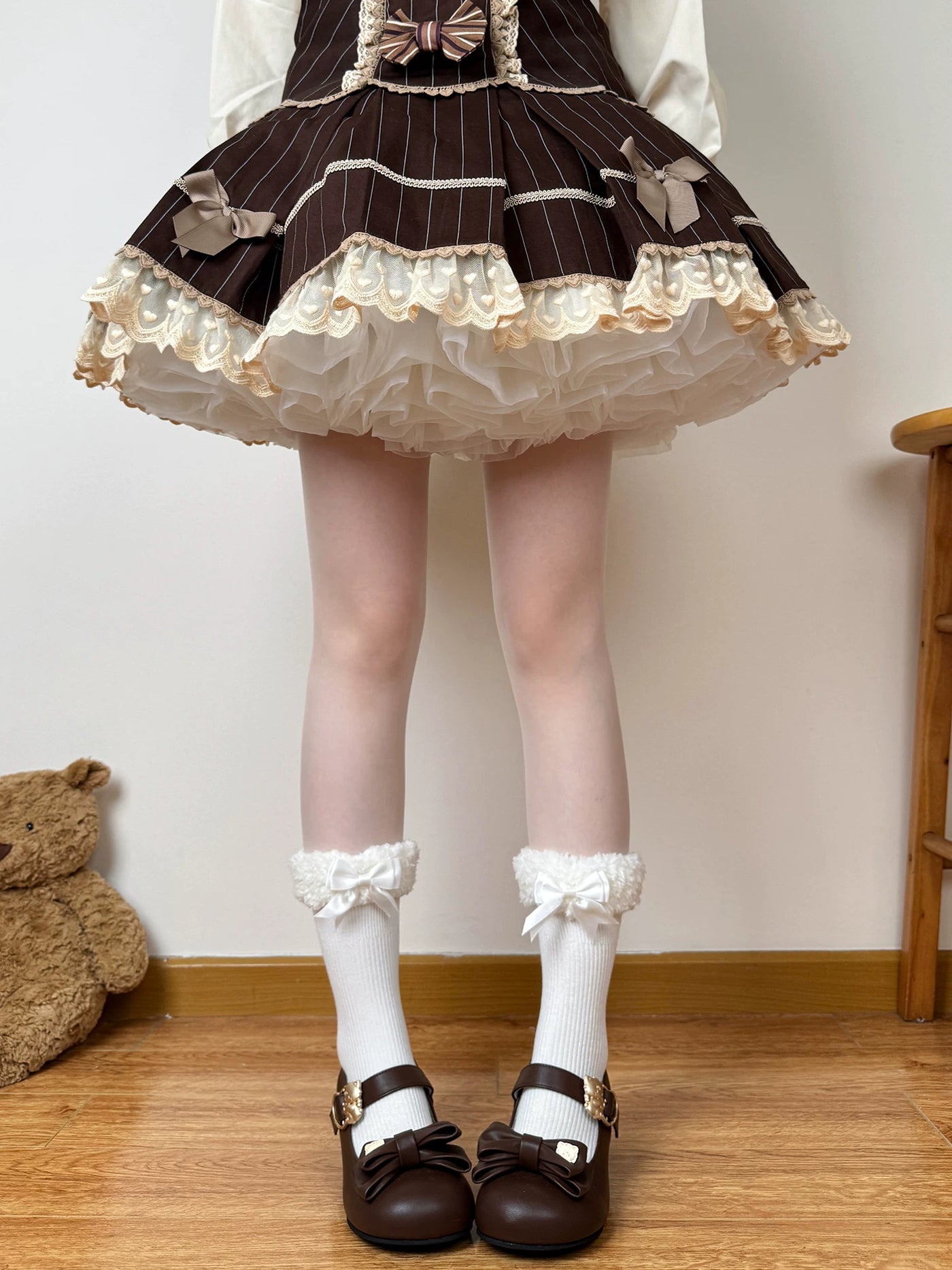 Chubby Bear Tales - Caramel Brown - Mid-Calf Scrunch Socks with Bow and Pom-Pom Details