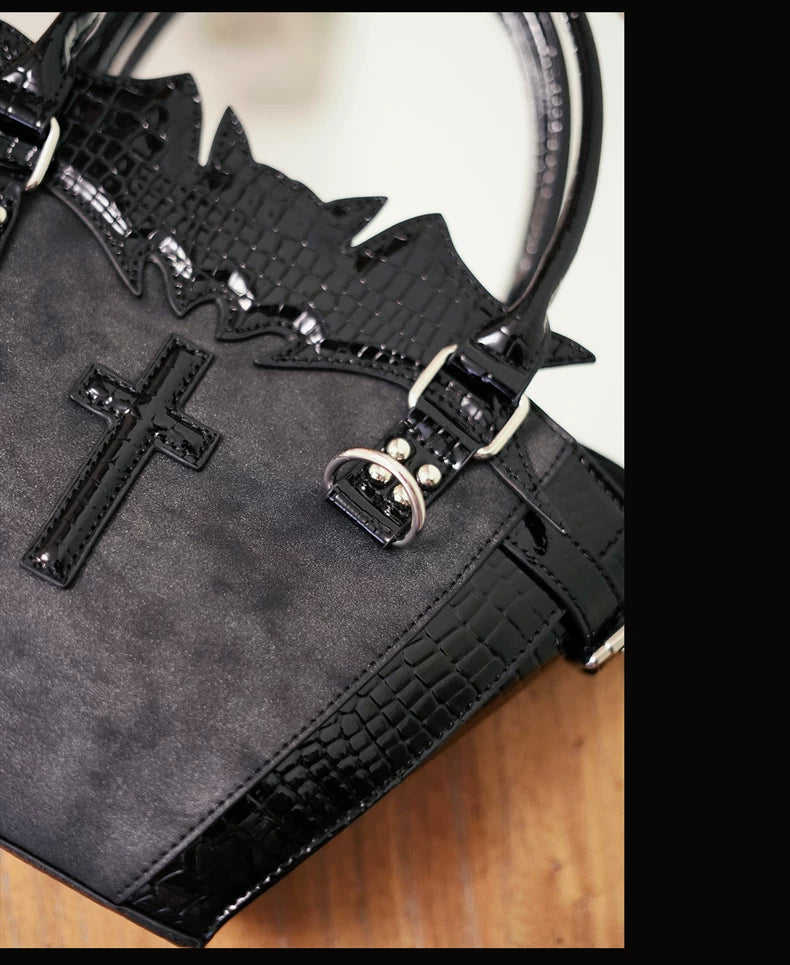 Vera s Mimosa - Gothic Bat Cross Tote - Medium structured gothic lolita tote