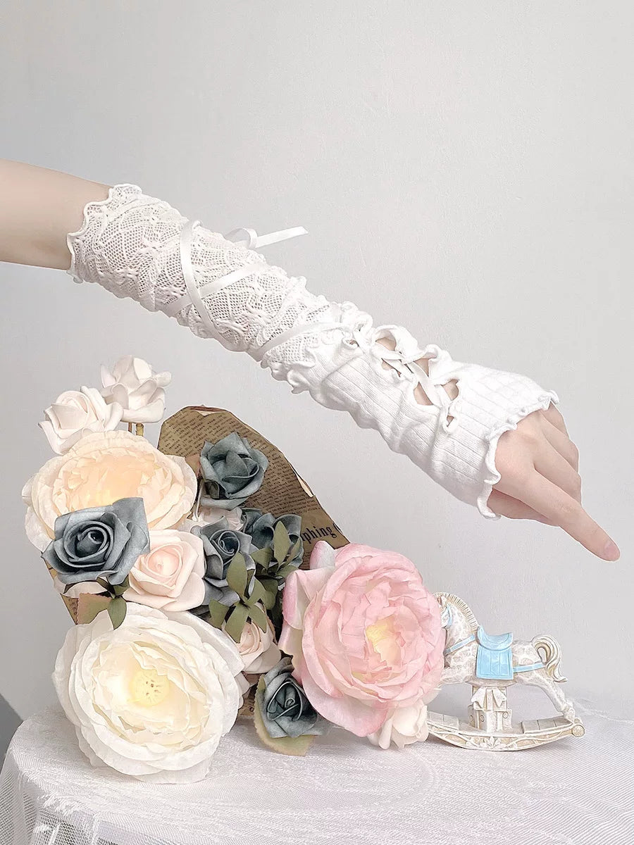 Floral Milk Cat - Lace Ribbon - Two-Piece Fingerless Arm Sleeves with Ribbon Ties