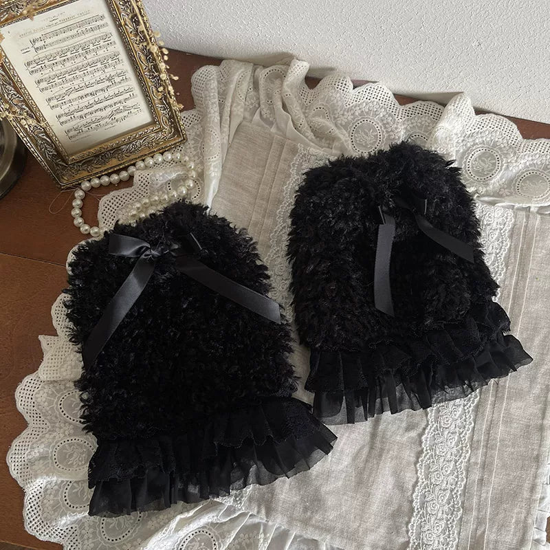 Black slouch socks with white tiered ruffles and curly-fur covers over platform shoes