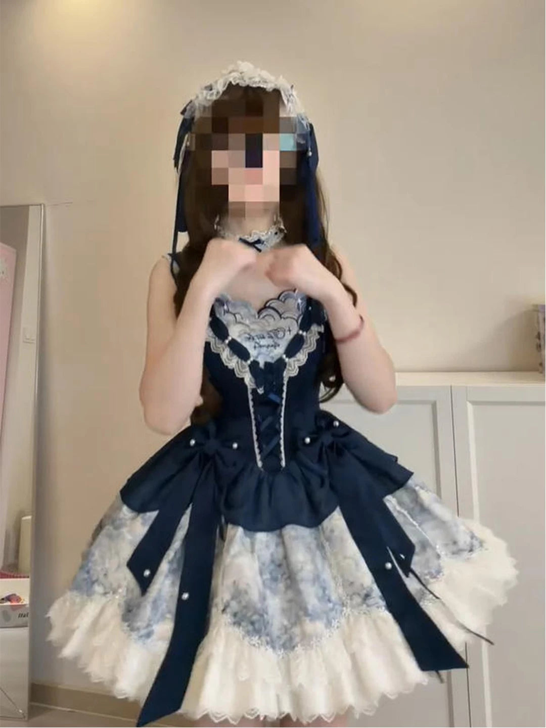 Creamy - Blue Contrast Bow - Blue-and-White Lolita OP Dress with Contrast Panels