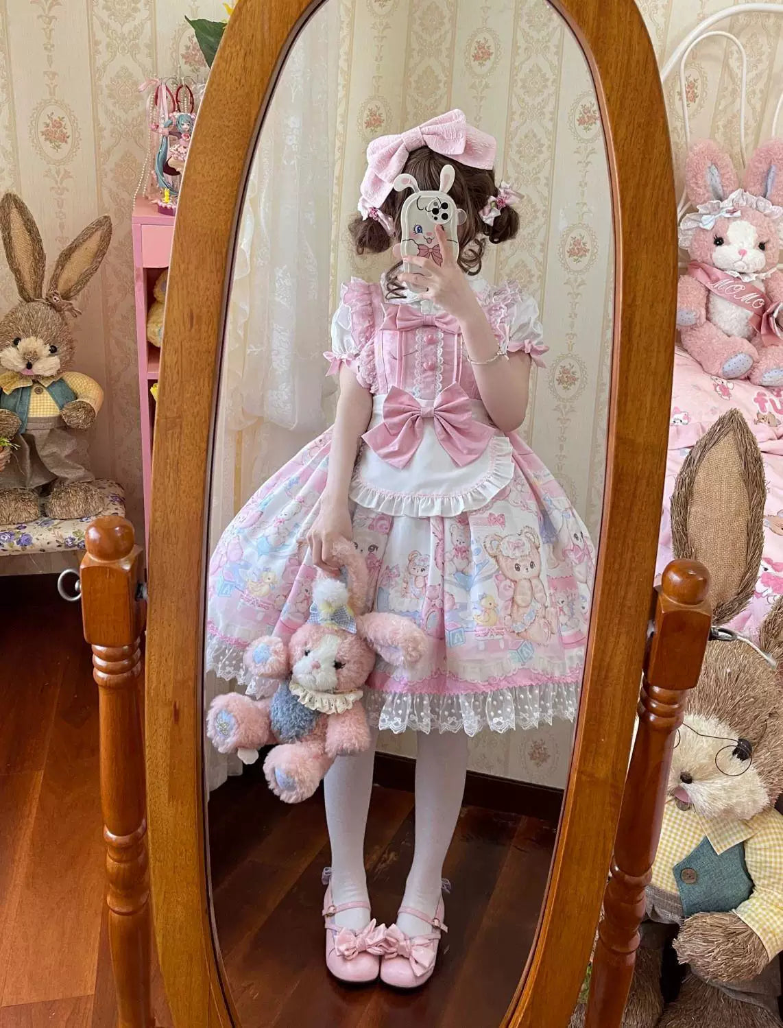 Sweetheart Dream Machine - Heart Rabbit Bear - JSK with a rabbit-and-bear print and ruffled bib