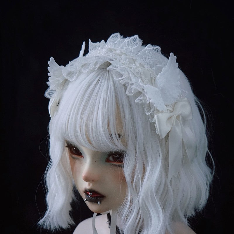 Strange Sugar - Gothic Lolita White Lace Angel - Wings Hairband Headwear