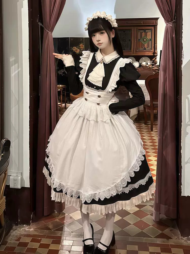 Creamy - Gothic Maid - Long-Sleeve One-Piece Dress and Apron Set with Lace Ruffles