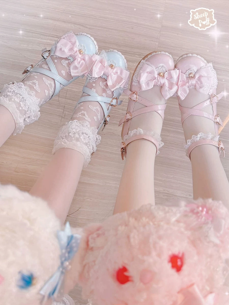 Sheep Puff Strawberry Love Song platform Lolita shoes featuring pink strawberry design, white bows, and decorative details.