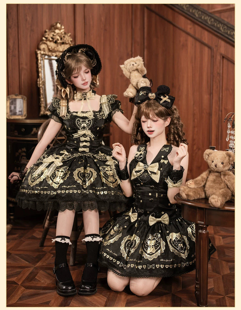 Alice Girl - Brown Sugar Bear - Old School Lolita OP & Halter Dress, Bear Print