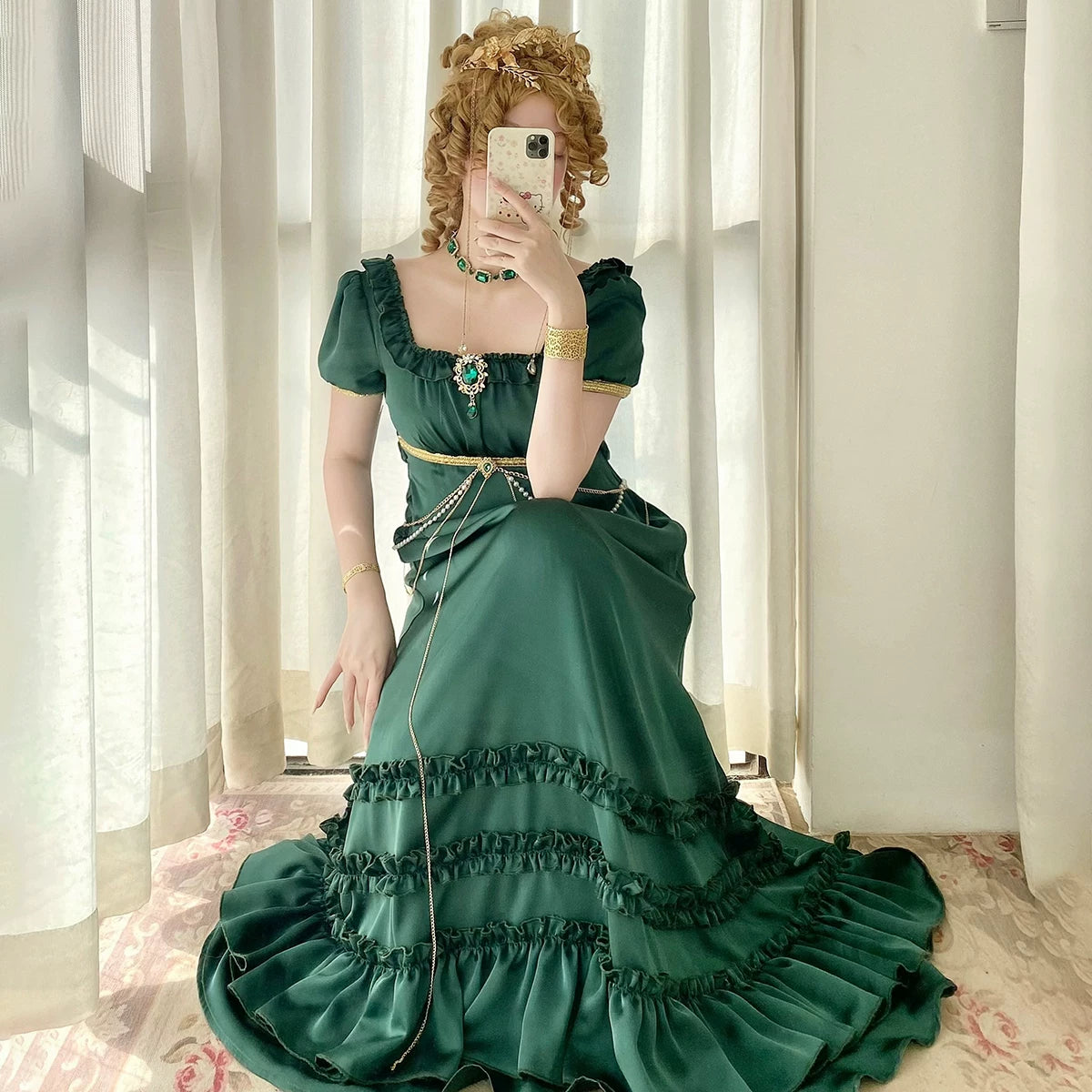 Moon Lily - Luminous Gemstone - Satin Empire Waist Dress with Ruched Neckline – detail view 5