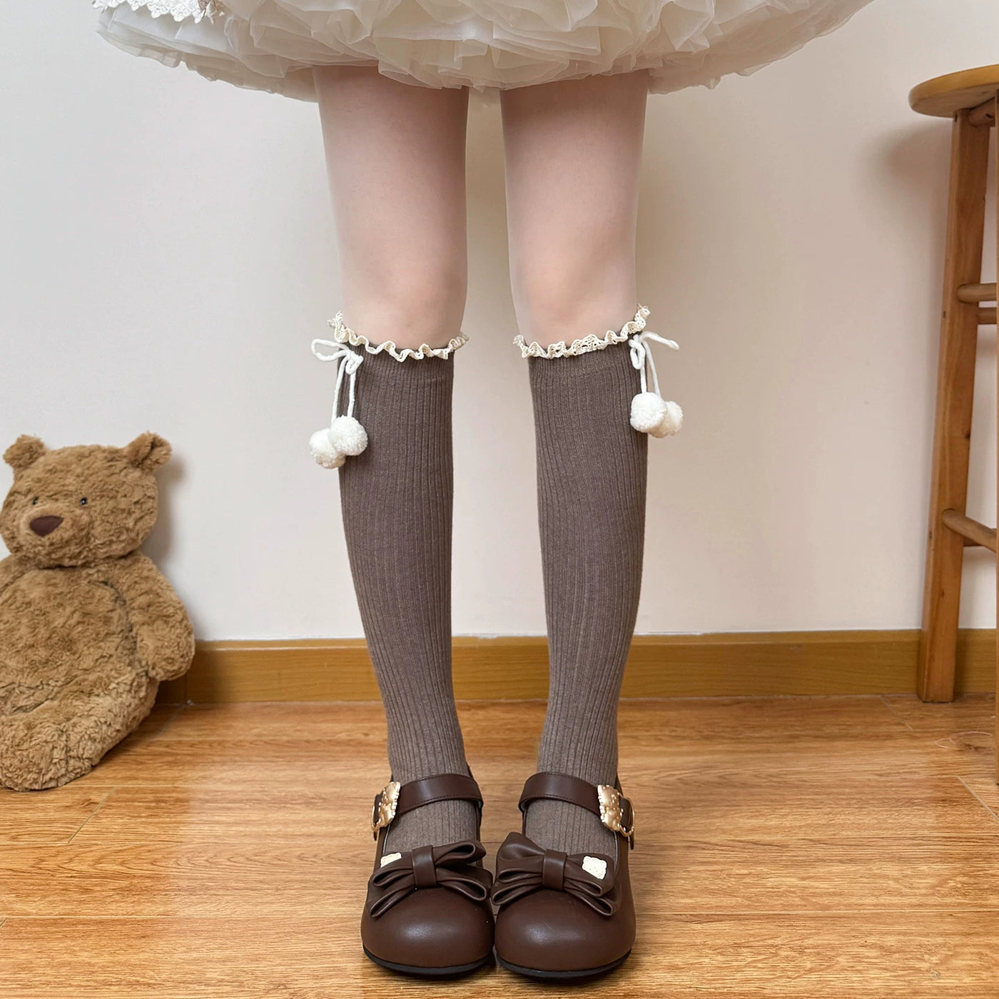 Chubby Bear Tales - Winter Pom-Pom Scrunch Socks - Mid-Calf Socks with Lace Cuffs