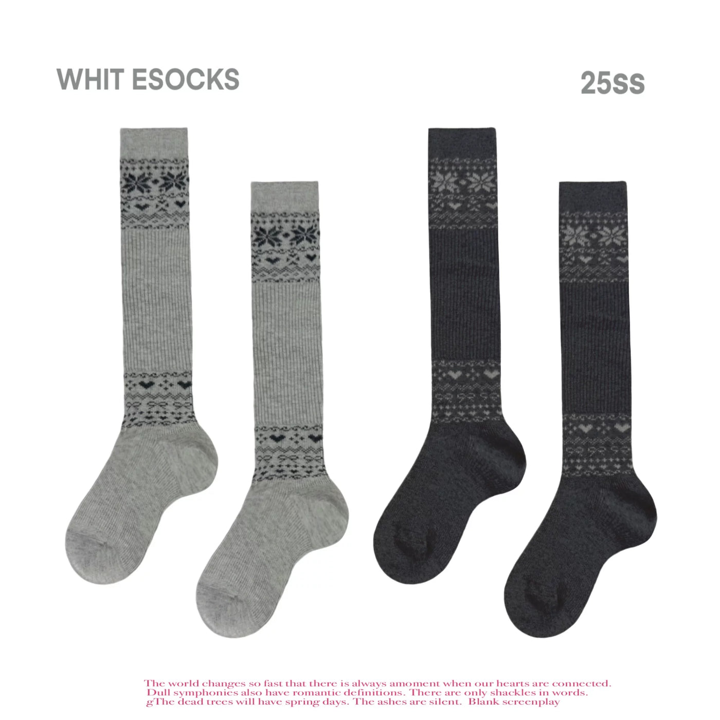 White Socks - Nordic Gray - Mid-Calf Slouch Socks with Fair Isle-Style Bands