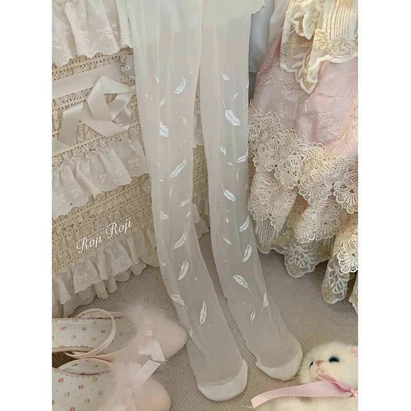 Roji Roji - Sweet Lolita Tights Women Feather - Print Pantyhose Socks