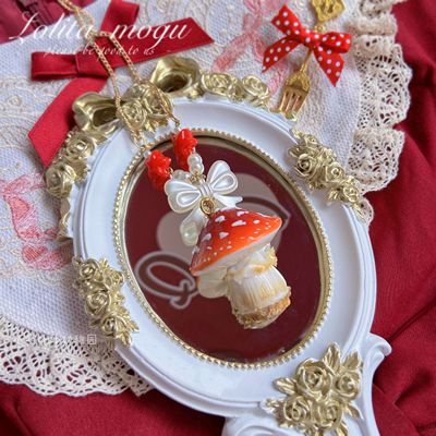 Bear doll - Mushroom Motif - Mushroom Necklace with Bow Accents - White bow umbrella-shaped mushroom