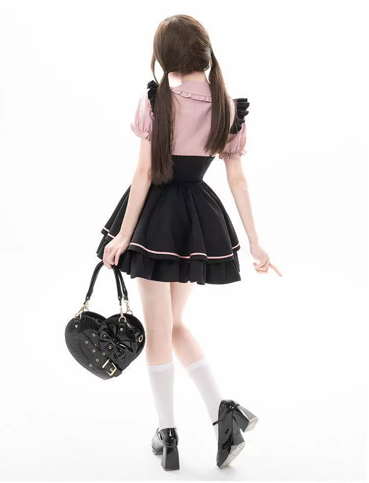 Sweetheart Dream Machine - Pink Ribbon Pinafore - Black Pinafore Dress Set with Pink Lace-Up Ribbons