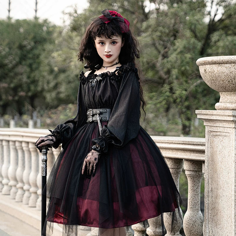 Red short Girl Killer Lolita dress, full worn view
