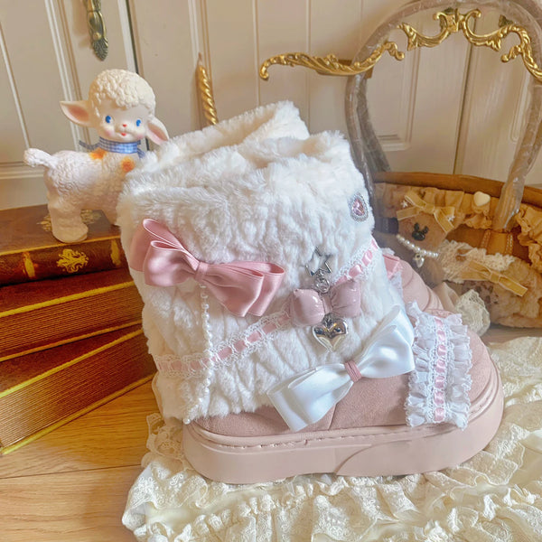 pinkyo Bow Faux-Rabbit-Fur Platform Winter Boots — Beige & Pink - Runs Small