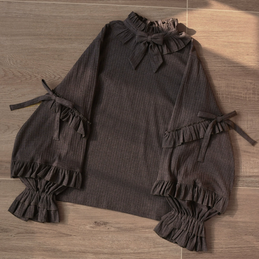 MIST First Snow ribbed Lolita sweater with ruffle collar and tiered puff sleeves