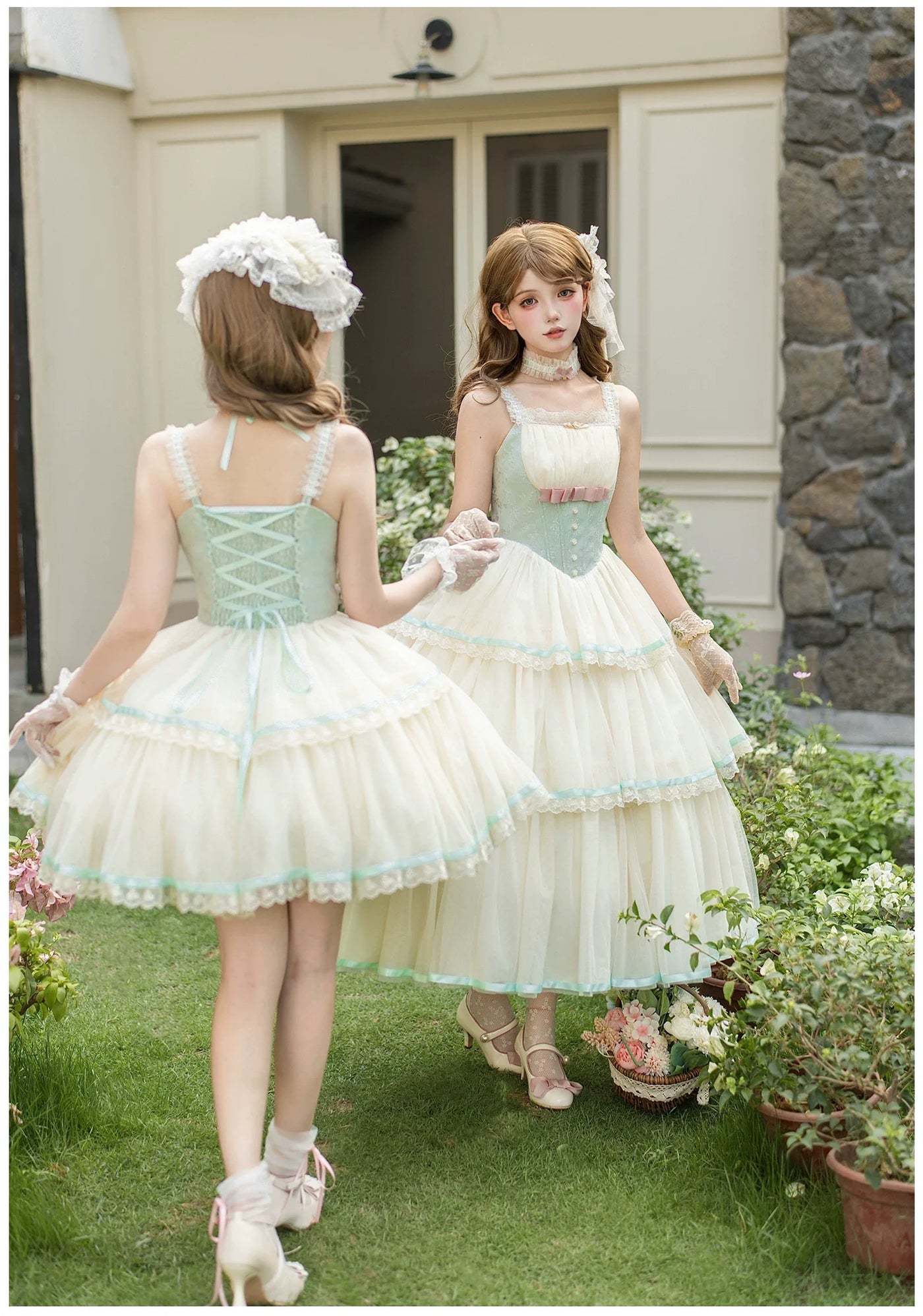 With PUJI - Sea Salt Soda - Classic Lolita Adjustable Corset JSK Dress, Tiered Tulle Hem