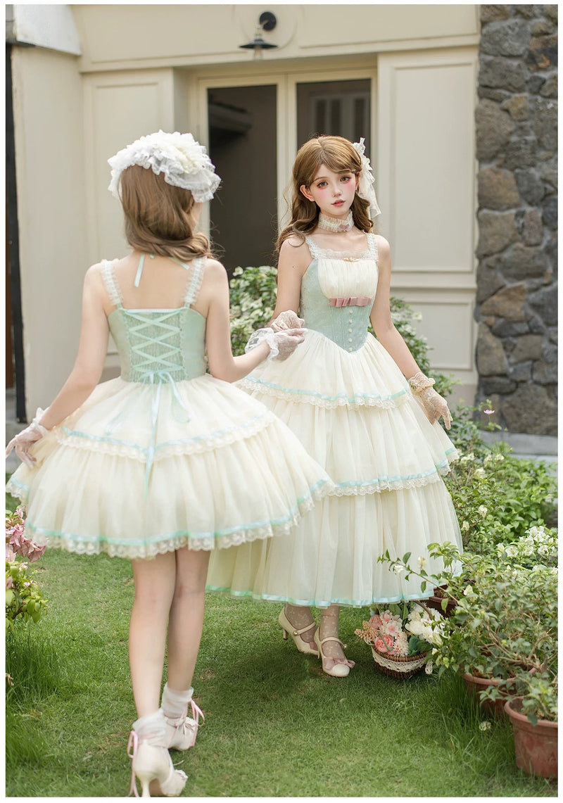 With PUJI - Sea Salt Soda - Classic Lolita Adjustable Corset JSK Dress, Tiered Tulle Hem