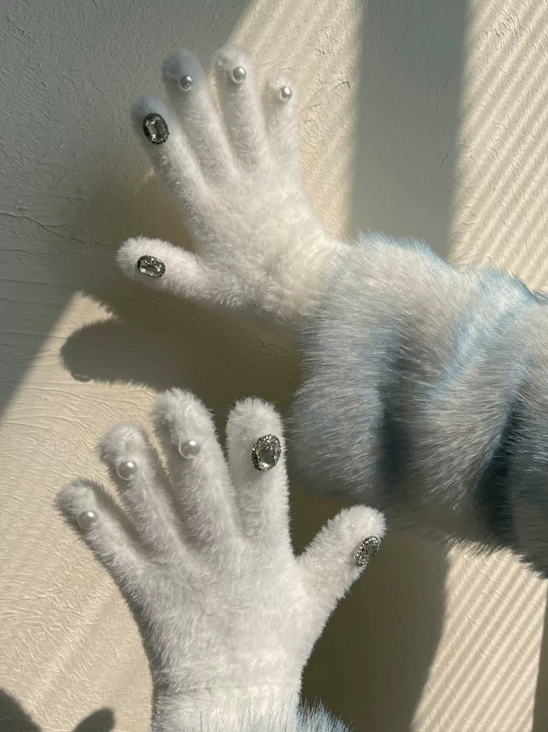 Sock Noble - Pearl & Rhinestone - Fuzzy Five-Finger Gloves with Novelty Detail Options
