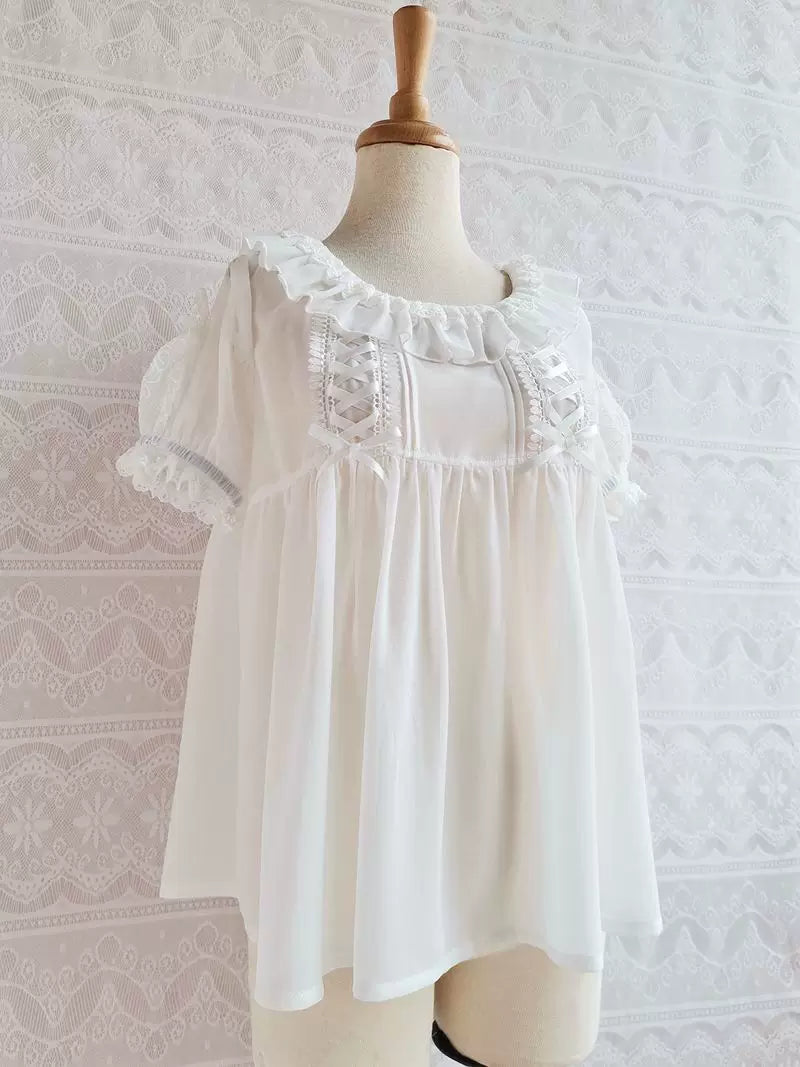Yilia - Square Lace Bib - Loose Puff Sleeve Chiffon Blouse
