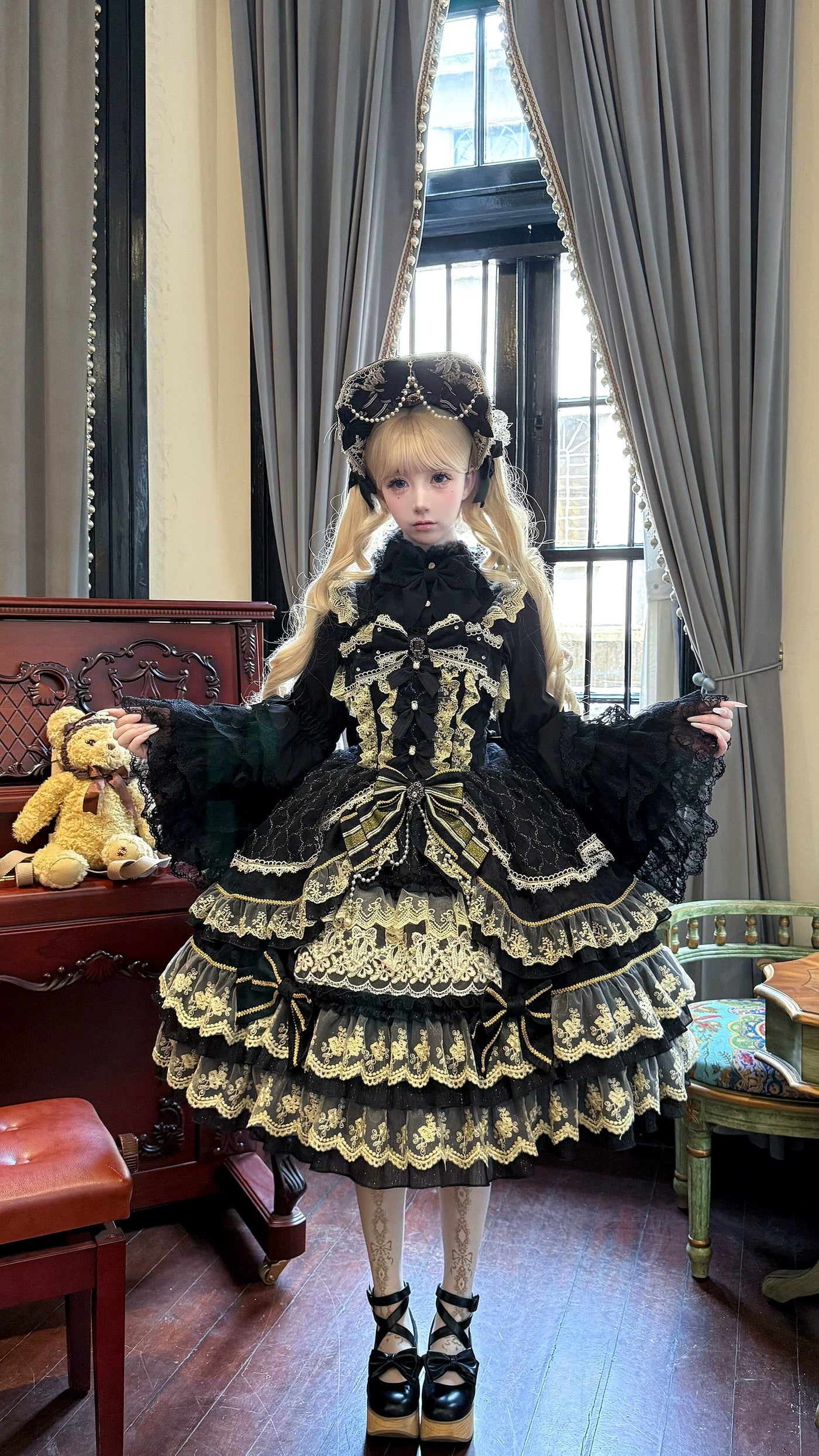 Hanguliang - Gem Crown - JSK Dress with Tiered Ruffles and Ribbon Bows - option image