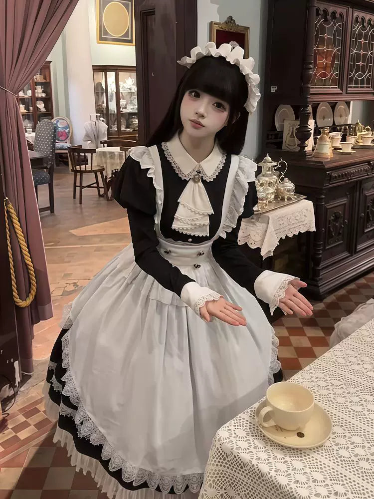 Creamy - Gothic Maid - Long-Sleeve One-Piece Dress and Apron Set with Lace Ruffles
