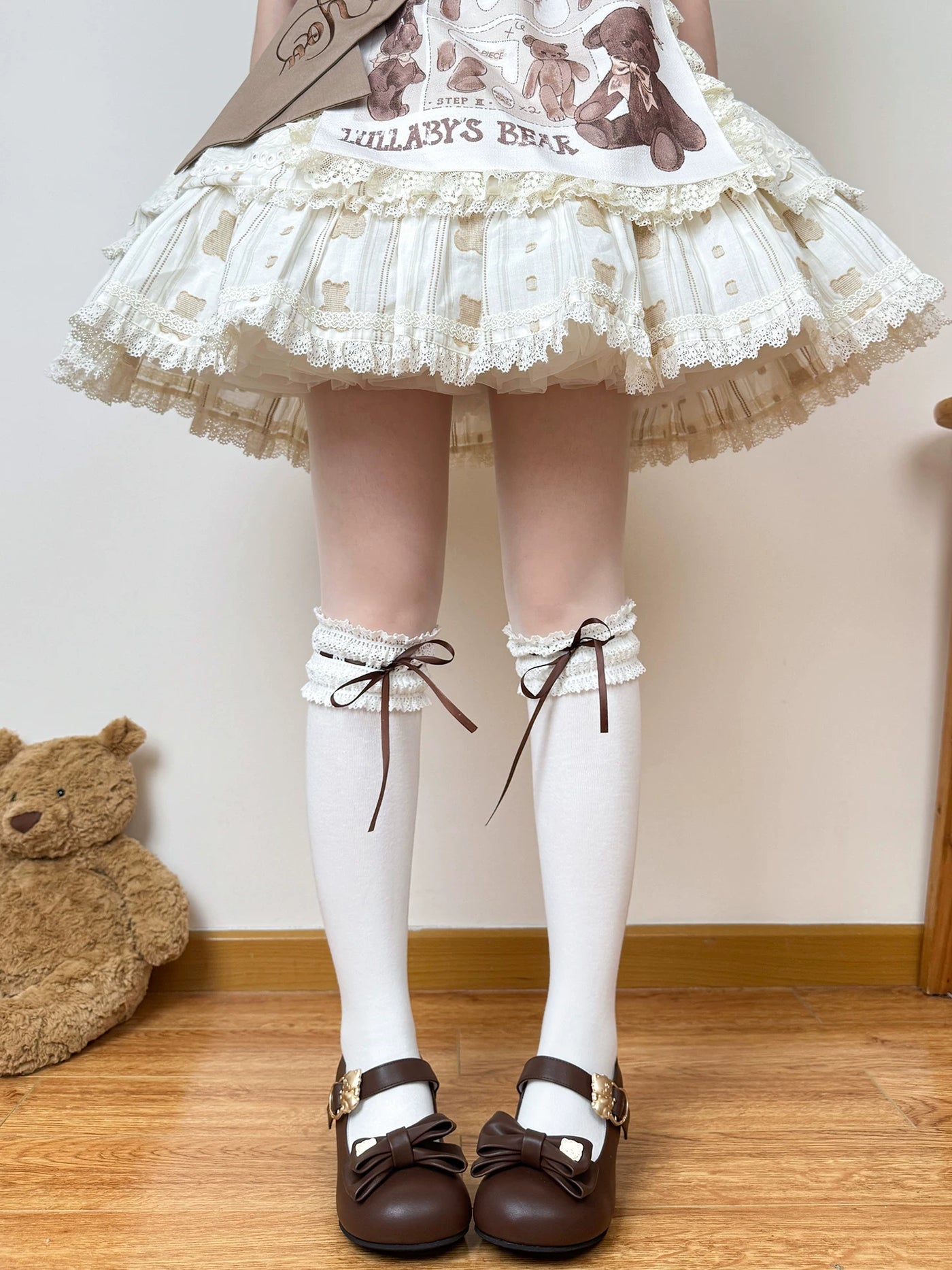 Chubby Bear Tales - Chocolate Doll - Lolita Socks with Lace Cuffs and Ribbon Ties