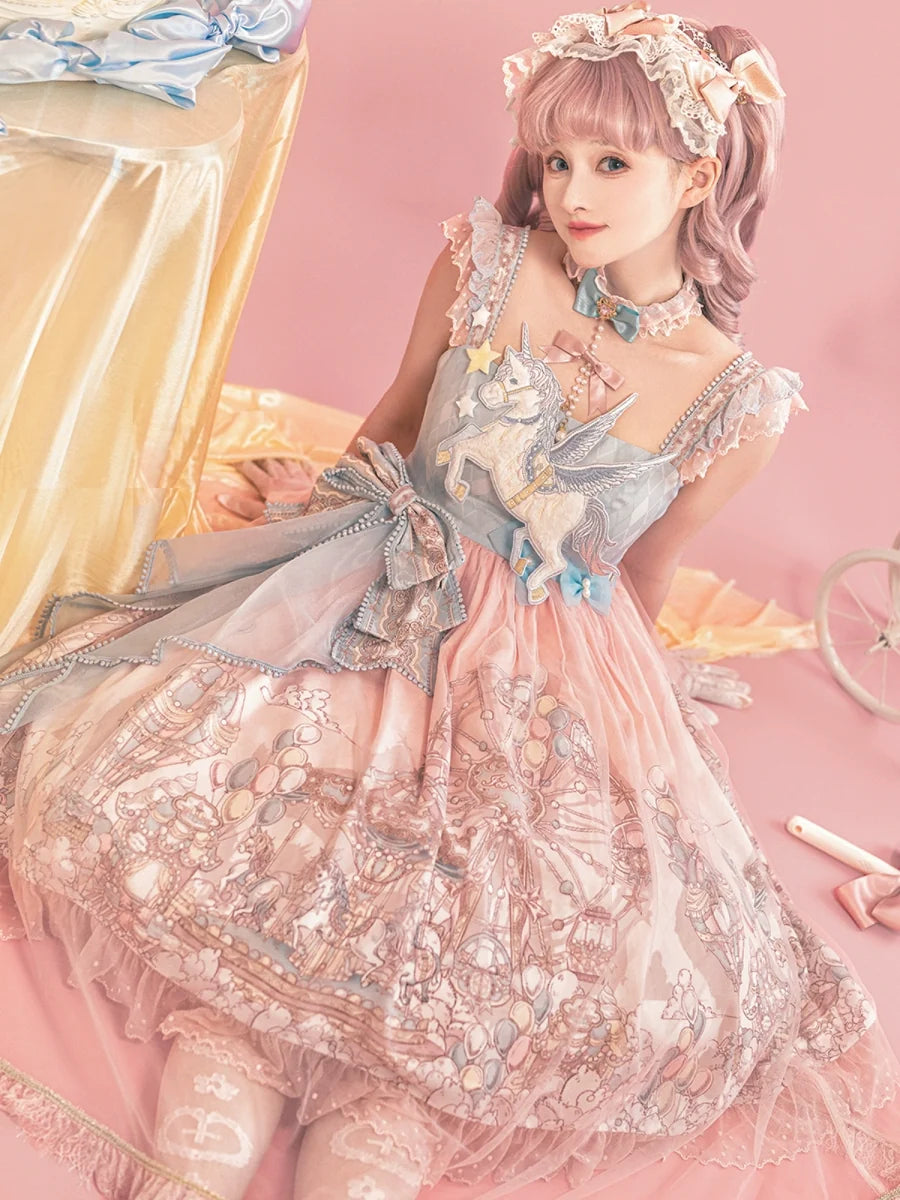 Designer's Gift - CloudPlay - Pastel Sweet Lolita JSK dress with carousel print and detachable waist bows - product detail 8