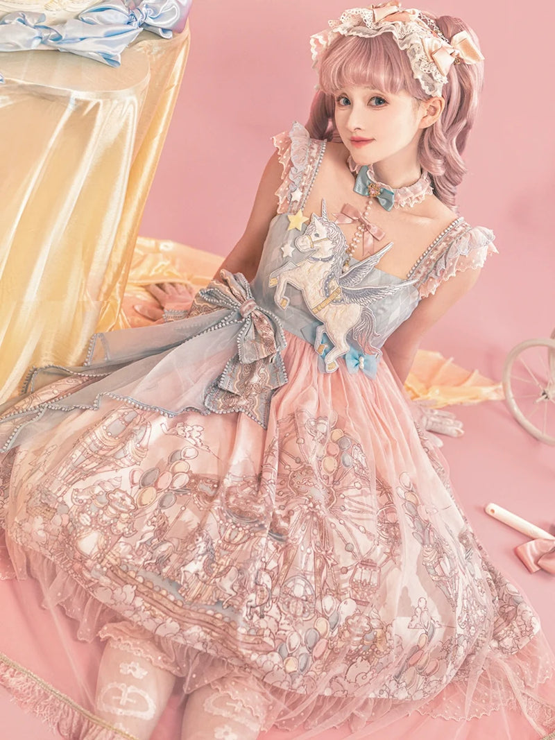 Designer's Gift - CloudPlay - Pastel Sweet Lolita JSK dress with carousel print and detachable waist bows - product detail 8