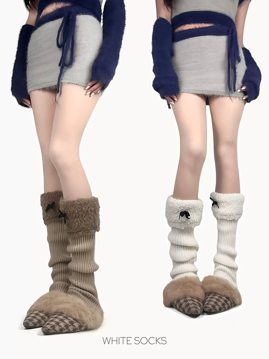 White Socks - Fleece Bow - Stirrup Knit Leg Warmers with Fleece Cuffs