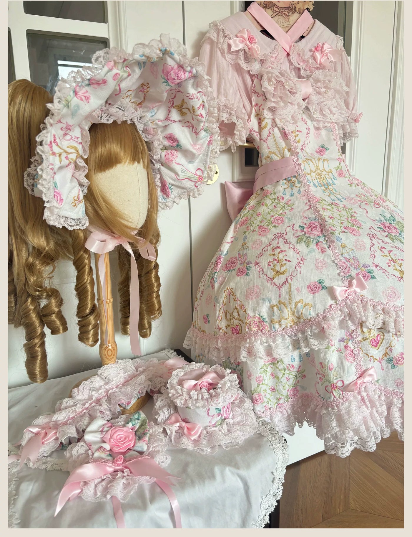 Tata Long Ear - Spring 2025 Floral Wall - Floral Print JSK Dress with Layered Lace Ruffles