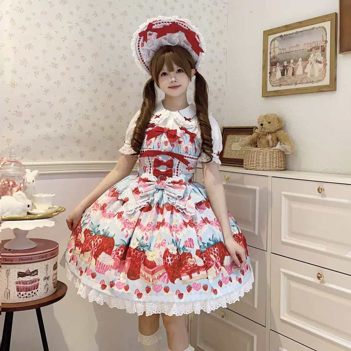 Lady Han Sweet Berry Love JSK dress by Lolita Fetch featuring a vibrant berry print and elegant lace details.