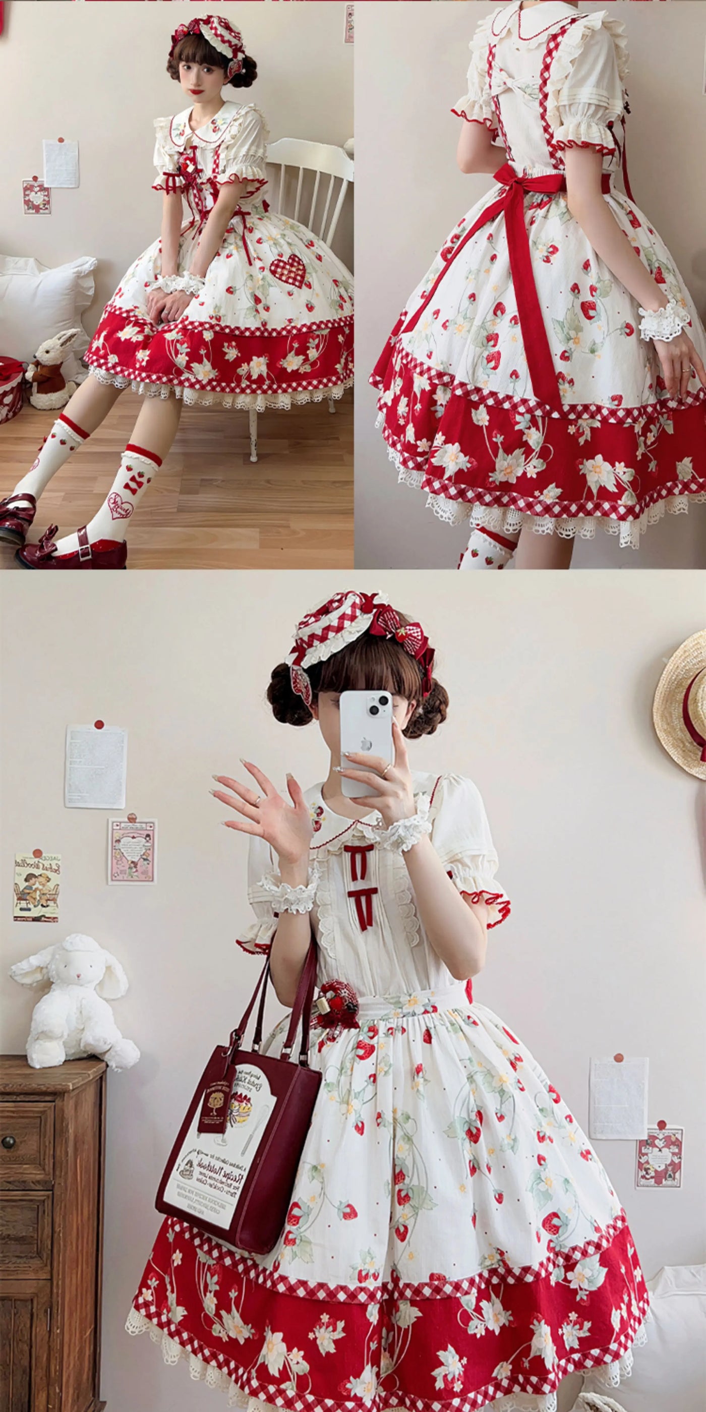 Baozi Pig - Strawberry Orchard - Short-Sleeve Lolita Blouse with a Strawberry-Embroidered Collar
